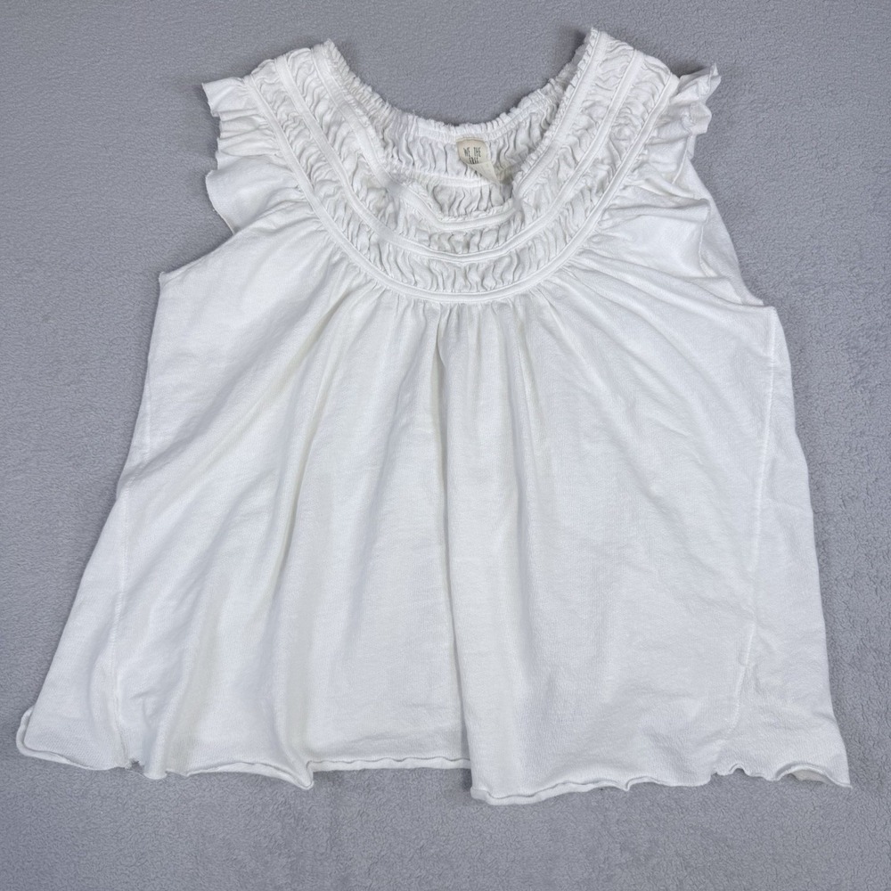 We The Free People Ivory Smocked Ruffle Cap Sleeve Boho Babydoll Top Size Large